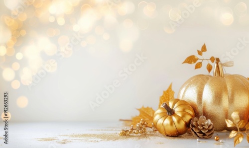 Thanksgiving and Autumn decoration concept made from autumn leaves and pumpkins a white background with copy space.