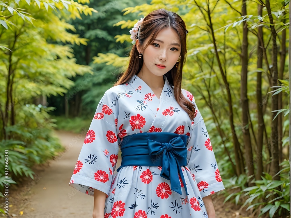 Young woman in a traditional Japanese kimono with floral print, standing in a lush green forest. Young woman in a traditional Japanese kimono with floral print, standing in a lush green forest.