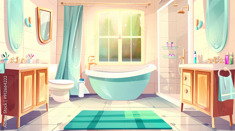 Bath room interior with bathtub and toilet bowl, cabinets and mirrors, cleaning products, and towels. Cartoon vector shower space with window and carpet on floor. Bath room interior with bathtub and toilet bowl, cabinets and mirrors, cleaning products, and towels. Cartoon vector shower space with window and carpet on floor.