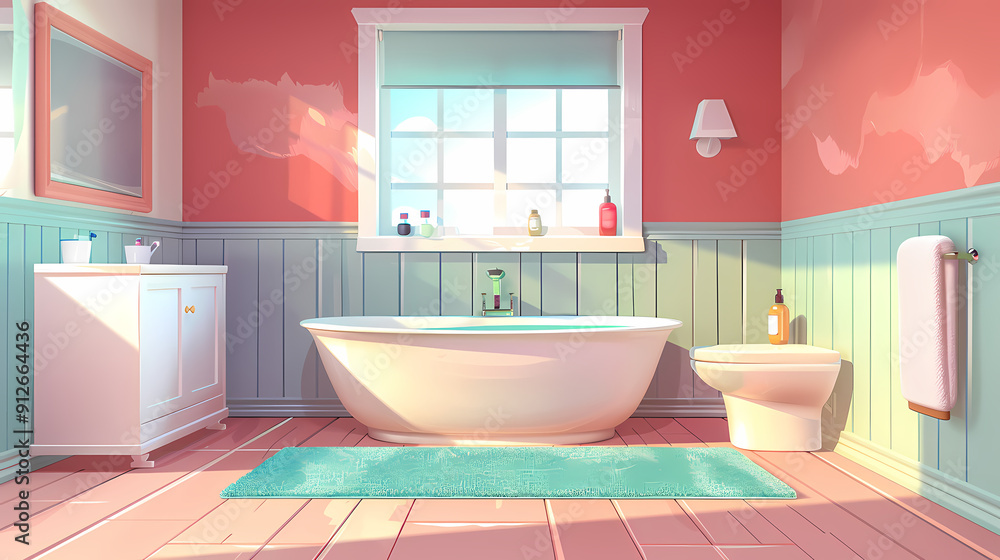 Bath room interior with bathtub and toilet bowl, cabinets and mirrors, cleaning products, and towels. Cartoon vector shower space with window and carpet on floor. Bath room interior with bathtub and toilet bowl, cabinets and mirrors, cleaning products, and towels. Cartoon vector shower space with window and carpet on floor.