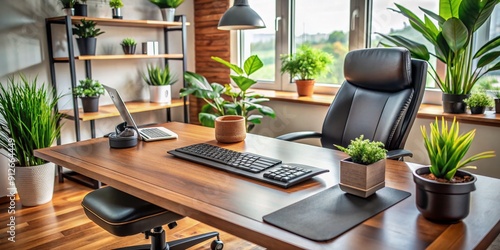 Ergonomic elegant luxury workplace. Modern computer, black leather mousepad and green potted plants on wooden table. Comfortable home office for entrepreneur, freelancer generative ai.. photo