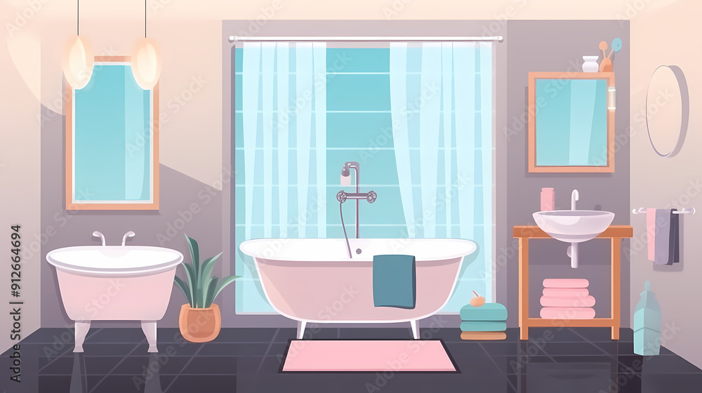 Bath room interior with bathtub and toilet bowl, cabinets and mirrors, cleaning products, and towels. Cartoon vector shower space with window and carpet on floor. Bath room interior with bathtub and toilet bowl, cabinets and mirrors, cleaning products, and towels. Cartoon vector shower space with window and carpet on floor.