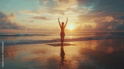 A woman practicing yoga on a beach at sunrise, embodying self-acceptance and inner peace with the serene ocean as a backdrop