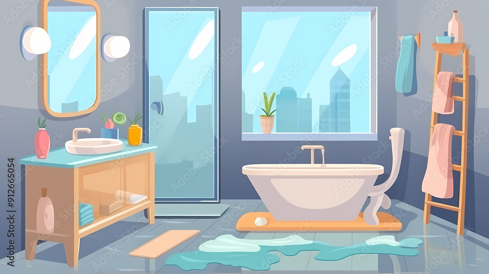 Bath room interior with bathtub and toilet bowl, cabinets and mirrors, cleaning products, and towels. Cartoon vector shower space with window and carpet on floor. Bath room interior with bathtub and toilet bowl, cabinets and mirrors, cleaning products, and towels. Cartoon vector shower space with window and carpet on floor.