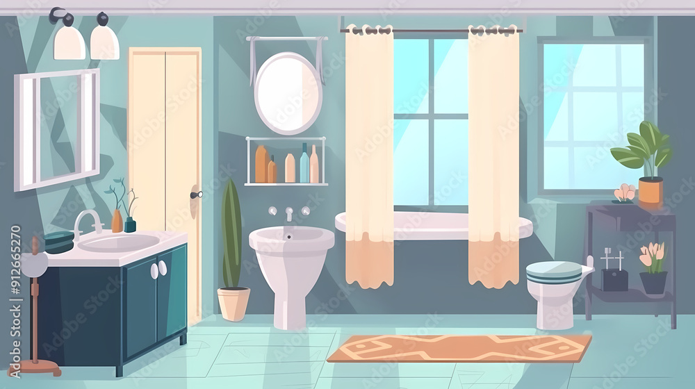 Bath room interior with bathtub and toilet bowl, cabinets and mirrors, cleaning products, and towels. Cartoon vector shower space with window and carpet on floor. Bath room interior with bathtub and toilet bowl, cabinets and mirrors, cleaning products, and towels. Cartoon vector shower space with window and carpet on floor.