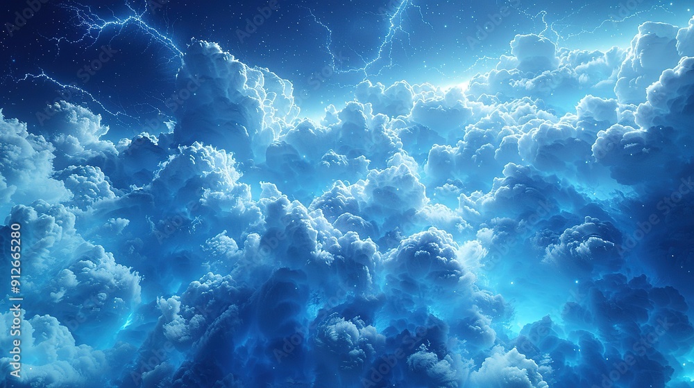 The sky is filled with blue clouds and a bright lightning bolt The sky is filled with blue clouds and a bright lightning bolt