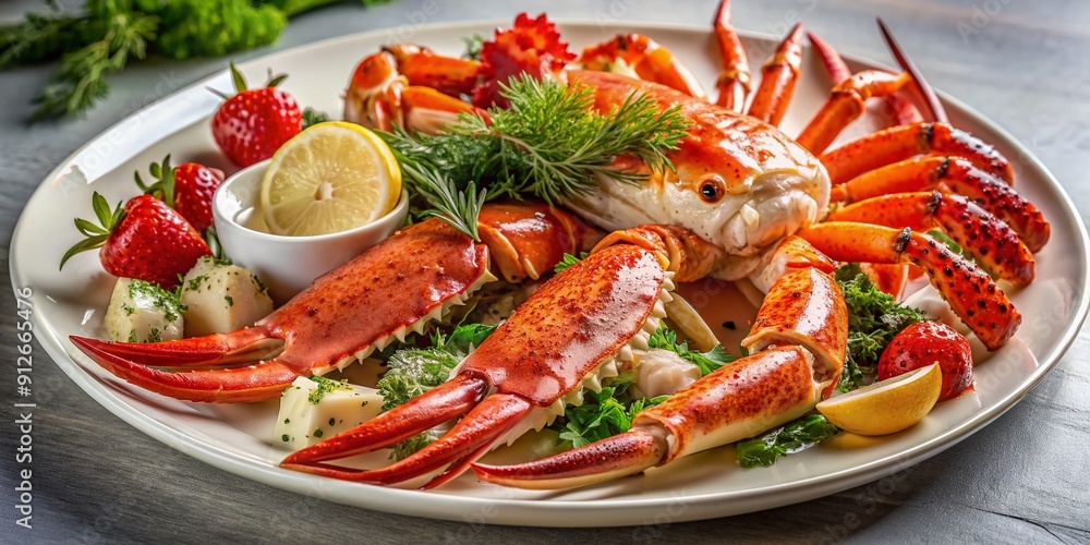 Luxurious seafood arrangement featuring a succulent giant lobster and king crab claws artfully plated on a elegant white porcelain plate with garnishes. Luxurious seafood arrangement featuring a succulent giant lobster and king crab claws artfully plated on a elegant white porcelain plate with garnishes.