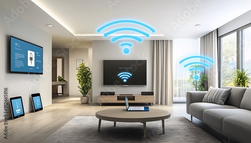 Connected Living Room WiFi Symbol Signifying Internet in the Modern Lifestyle Internet in lifestyle 4.0 photo