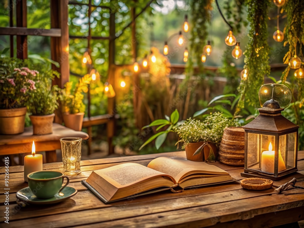 Cozy atmosphere with open book on wooden table surrounded by vintage items, warm lighting, and greenery, evoking feelings of serenity and love for reading. Cozy atmosphere with open book on wooden table surrounded by vintage items, warm lighting, and greenery, evoking feelings of serenity and love for reading.