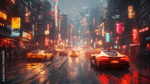 A futuristic cityscape with towering skyscrapers, glowing cars and holographic displays.