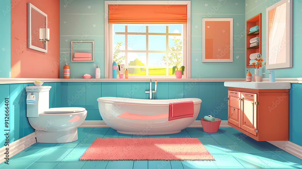 Bath room interior with bathtub and toilet bowl, cabinets and mirrors, cleaning products, and towels. Cartoon vector shower space with window and carpet on floor. Bath room interior with bathtub and toilet bowl, cabinets and mirrors, cleaning products, and towels. Cartoon vector shower space with window and carpet on floor.