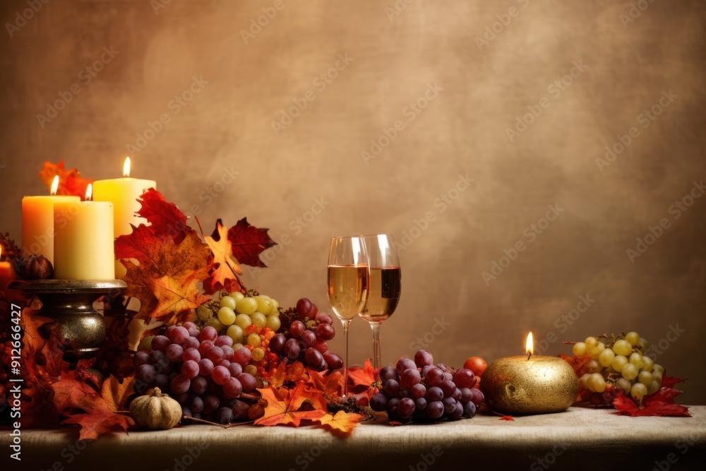 Obraz premium A table is covered with fall decorations including pumpkins, apples, and candles autumn background with copy space