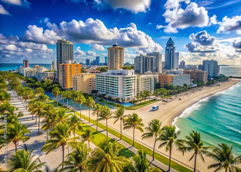 Obraz premium Vibrant urban cityscape of Miami's South Beach during summer, showcasing palm trees, art deco buildings, and crystal-clear ocean waters under a bright sunny sky.