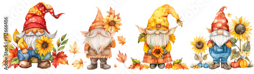 Set of autumn Gnome with sunflower and autumn leaves clipart isolated on transparent background.