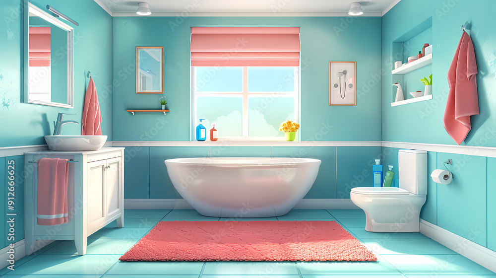 Bath room interior with bathtub and toilet bowl, cabinets and mirrors, cleaning products, and towels. Cartoon vector shower space with window and carpet on floor. Bath room interior with bathtub and toilet bowl, cabinets and mirrors, cleaning products, and towels. Cartoon vector shower space with window and carpet on floor.