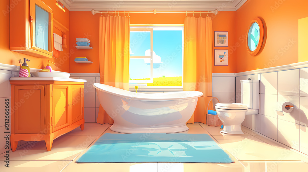 Bath room interior with bathtub and toilet bowl, cabinets and mirrors, cleaning products, and towels. Cartoon vector shower space with window and carpet on floor. Bath room interior with bathtub and toilet bowl, cabinets and mirrors, cleaning products, and towels. Cartoon vector shower space with window and carpet on floor.