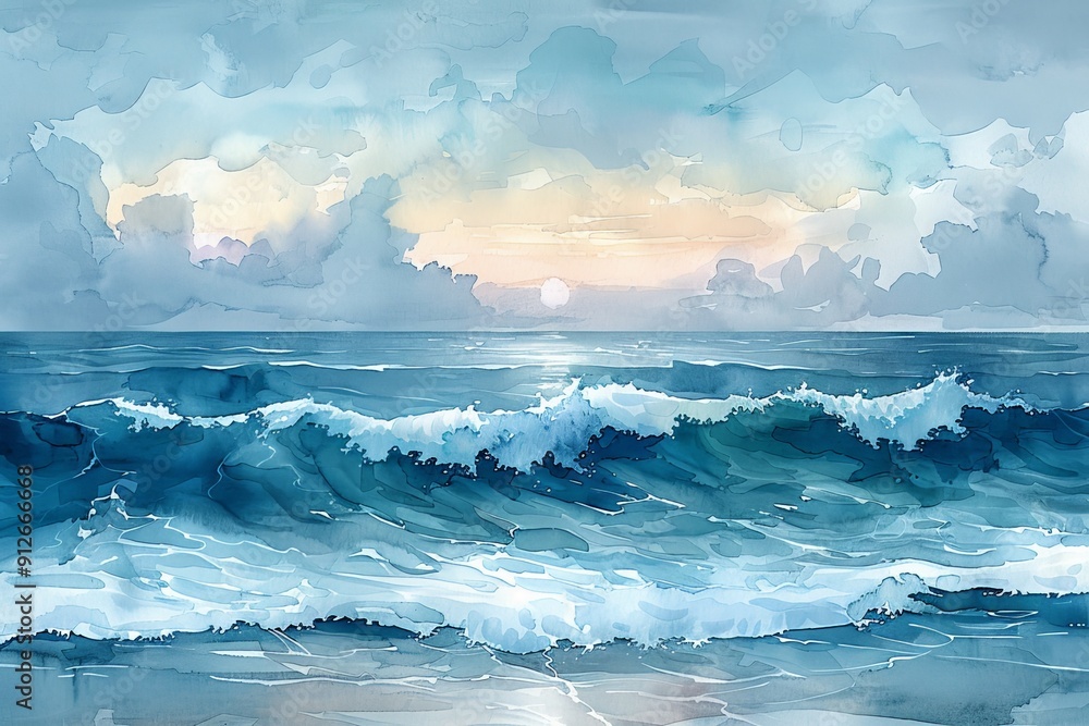 A serene seascape in watercolor with calming blue tones and gentle waves A serene seascape in watercolor with calming blue tones and gentle waves