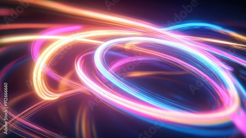 Abstract swirling neon light trails in a dark background