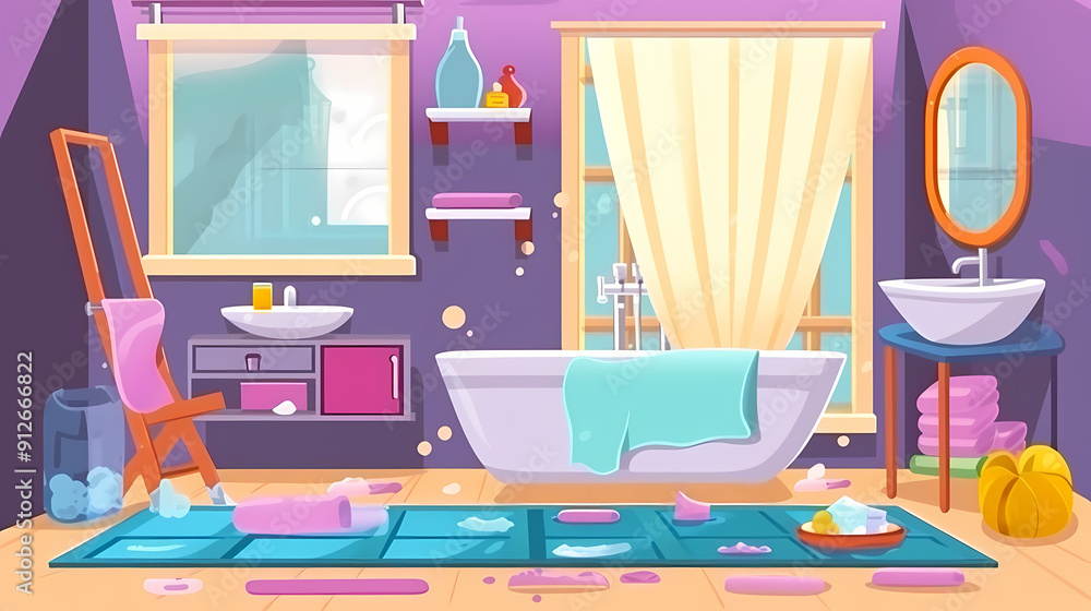 Fototapeta premium Bath room interior with bathtub and toilet bowl, cabinets and mirrors, cleaning products, and towels. Cartoon vector shower space with window and carpet on floor.