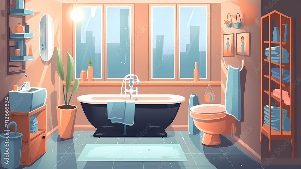 Bath room interior with bathtub and toilet bowl, cabinets and mirrors, cleaning products, and towels. Cartoon vector shower space with window and carpet on floor. Bath room interior with bathtub and toilet bowl, cabinets and mirrors, cleaning products, and towels. Cartoon vector shower space with window and carpet on floor.