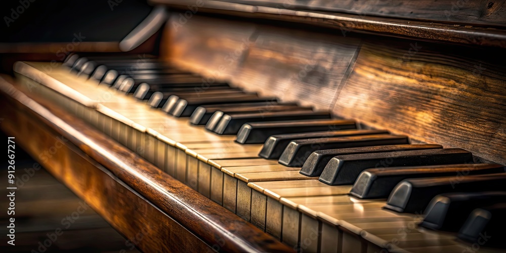 Old wooden piano keys in foreground of dark background musical instrument, antique, vintage, piano, keys, wooden Old wooden piano keys in foreground of dark background musical instrument, antique, vintage, piano, keys, wooden