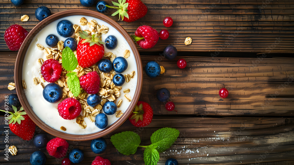 Healthy breakfast bowl with granola and berries. yogurt on rustic wooden table Healthy breakfast bowl with granola and berries. yogurt on rustic wooden table
