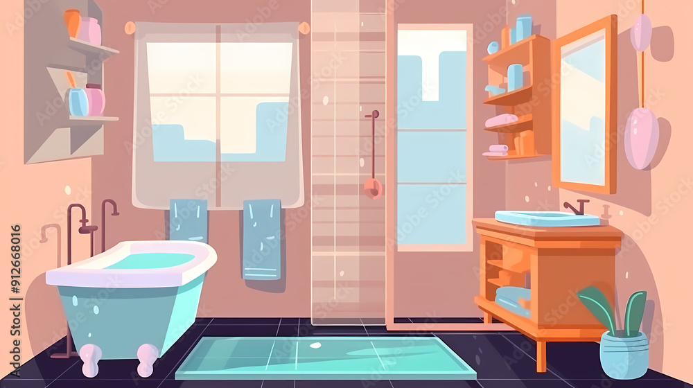Bath room interior with bathtub and toilet bowl, cabinets and mirrors, cleaning products, and towels. Cartoon vector shower space with window and carpet on floor. Bath room interior with bathtub and toilet bowl, cabinets and mirrors, cleaning products, and towels. Cartoon vector shower space with window and carpet on floor.