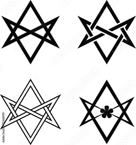 A unicursal hexagram six pointed star with four variations. Interlaced hexagram solid, interlaced outline and with five petalled flower. Thelema symbol vector on isolated background.