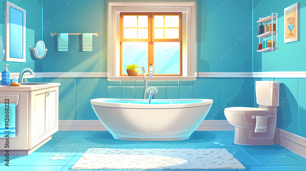 Bath room interior with bathtub and toilet bowl, cabinets and mirrors, cleaning products, and towels. Cartoon vector shower space with window and carpet on floor. Bath room interior with bathtub and toilet bowl, cabinets and mirrors, cleaning products, and towels. Cartoon vector shower space with window and carpet on floor.