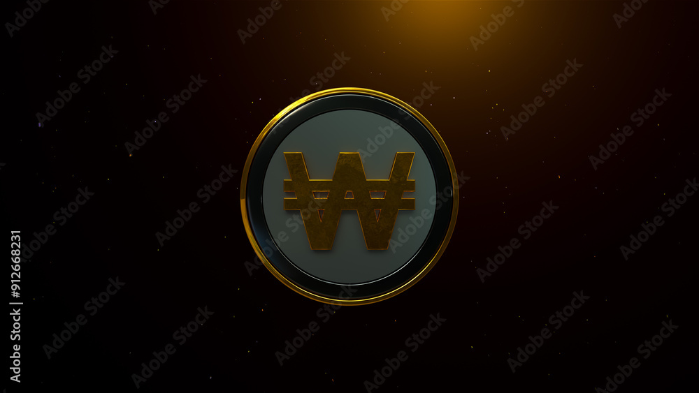 A golden Korean won symbol centered on a round, metallic background with sparkling grains of glitter dust in the surrounding dark space A golden Korean won symbol centered on a round, metallic background with sparkling grains of glitter dust in the surrounding dark space