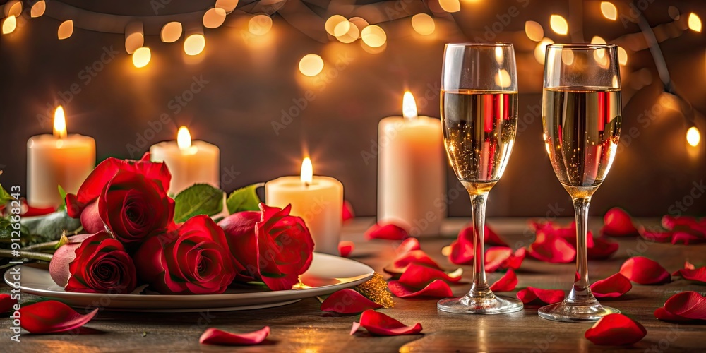 Romantic dinner set up with candles, rose petals, and champagne, Valentine's Day, romantic, dinner, candles Romantic dinner set up with candles, rose petals, and champagne, Valentine's Day, romantic, dinner, candles