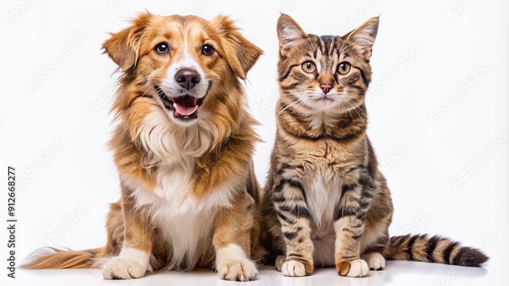 Obraz premium Adorable happy dog and cat sitting together, looking directly at camera, showcasing heartwarming friendship and amazing friendliness of the two beloved pets on transparent background.