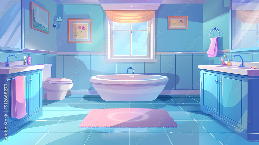 Bath room interior with bathtub and toilet bowl, cabinets and mirrors, cleaning products, and towels. Cartoon vector shower space with window and carpet on floor. Bath room interior with bathtub and toilet bowl, cabinets and mirrors, cleaning products, and towels. Cartoon vector shower space with window and carpet on floor.