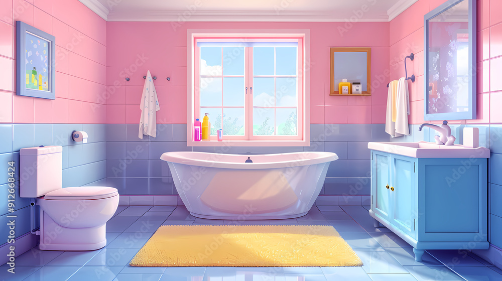 Bath room interior with bathtub and toilet bowl, cabinets and mirrors, cleaning products, and towels. Cartoon vector shower space with window and carpet on floor. Bath room interior with bathtub and toilet bowl, cabinets and mirrors, cleaning products, and towels. Cartoon vector shower space with window and carpet on floor.
