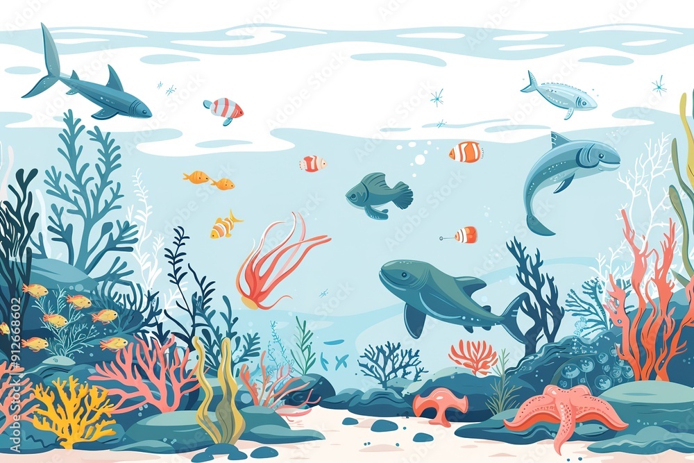 Obraz premium Underwater seascape with diverse marine life and colorful coral.