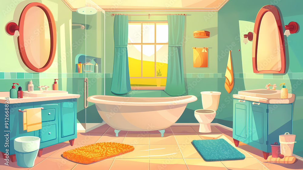 Bath room interior with bathtub and toilet bowl, cabinets and mirrors, cleaning products, and towels. Cartoon vector shower space with window and carpet on floor. Bath room interior with bathtub and toilet bowl, cabinets and mirrors, cleaning products, and towels. Cartoon vector shower space with window and carpet on floor.
