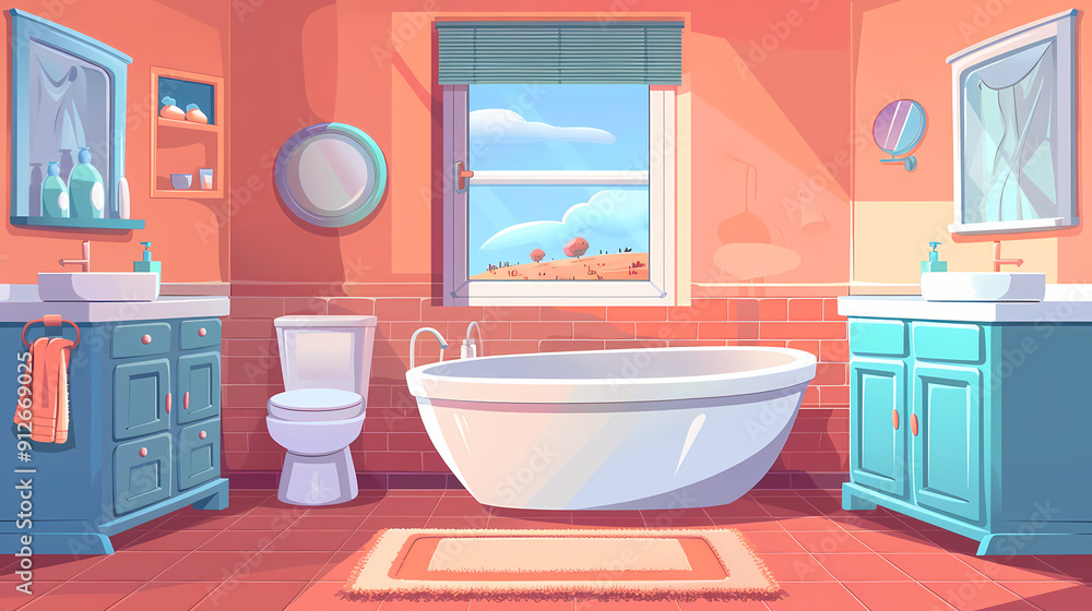 Bath room interior with bathtub and toilet bowl, cabinets and mirrors, cleaning products, and towels. Cartoon vector shower space with window and carpet on floor. Bath room interior with bathtub and toilet bowl, cabinets and mirrors, cleaning products, and towels. Cartoon vector shower space with window and carpet on floor.