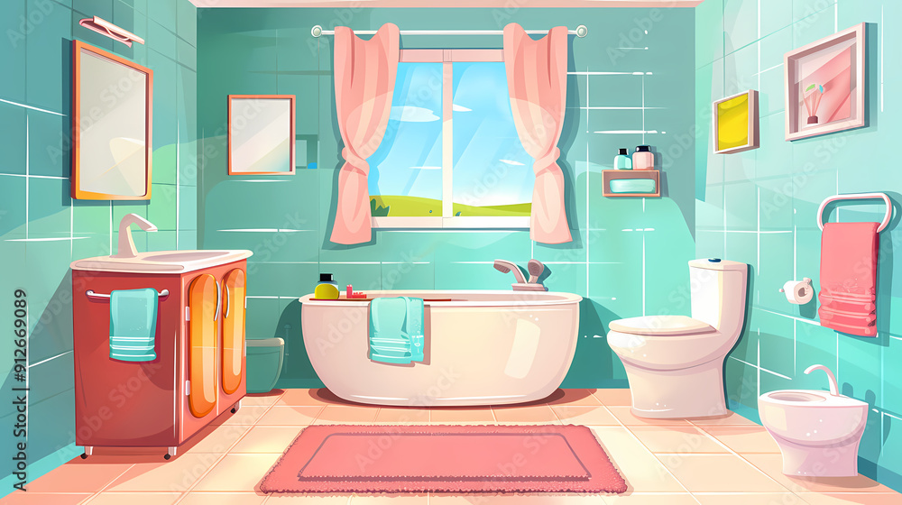 Bath room interior with bathtub and toilet bowl, cabinets and mirrors, cleaning products, and towels. Cartoon vector shower space with window and carpet on floor. Bath room interior with bathtub and toilet bowl, cabinets and mirrors, cleaning products, and towels. Cartoon vector shower space with window and carpet on floor.