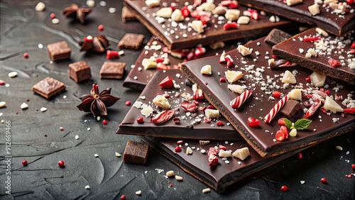 Decadent dark chocolate bark with crushed peppermint candies, sprinkles photo