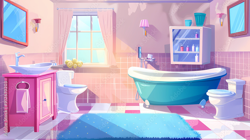 Bath room interior with bathtub and toilet bowl, cabinets and mirrors, cleaning products, and towels. Cartoon vector shower space with window and carpet on floor. Bath room interior with bathtub and toilet bowl, cabinets and mirrors, cleaning products, and towels. Cartoon vector shower space with window and carpet on floor.