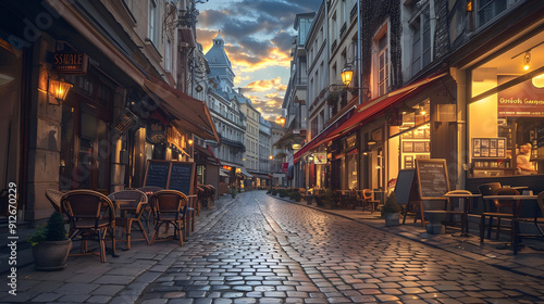 Fototapeta Naklejka Na Ścianę i Meble -  Historic European city street with cobblestones and cafes 