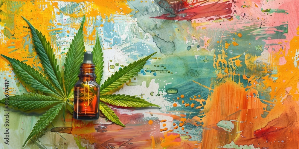 Fototapeta premium Abstract Art of CBD Oil Bottle and Leaves