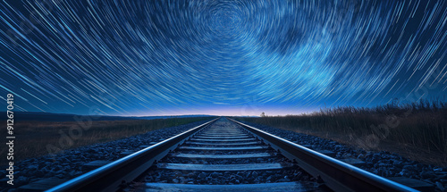 A captivating night scene showcasing star trails above a railway track, creating a sense of wonder and exploration in the cosmos.