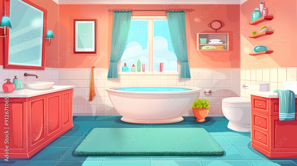 Bath room interior with bathtub and toilet bowl, cabinets and mirrors, cleaning products, and towels. Cartoon vector shower space with window and carpet on floor. Bath room interior with bathtub and toilet bowl, cabinets and mirrors, cleaning products, and towels. Cartoon vector shower space with window and carpet on floor.