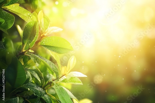 Stunning closeup of nature's green leaves on blurred forest tree background with sunlight in a public garden park. It's a landscape ecology and copy space for a wallpaper or backdrop.