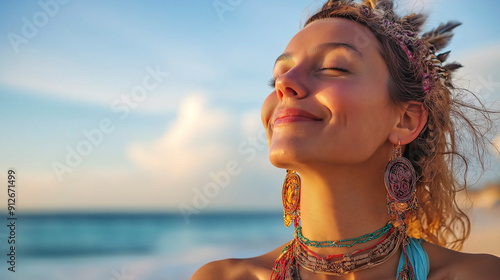 Mulher despreocupada com joias boêmias desfruta de paz e alegria na praia photo