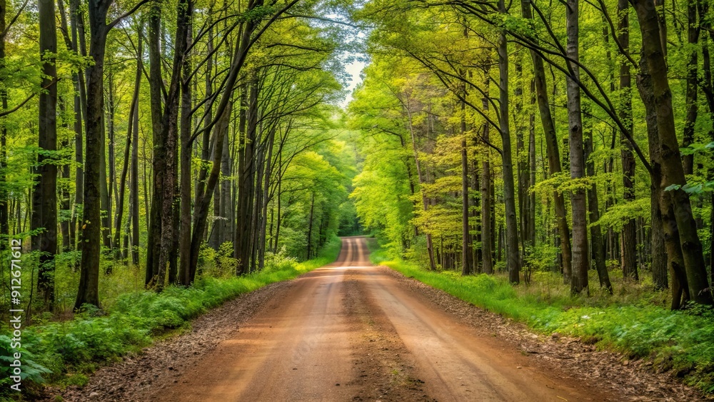 Fototapeta premium Dirt lane cutting through dense North Woods of Wisconsin , dirt road, forest, trees, nature, rural, countryside, scenic