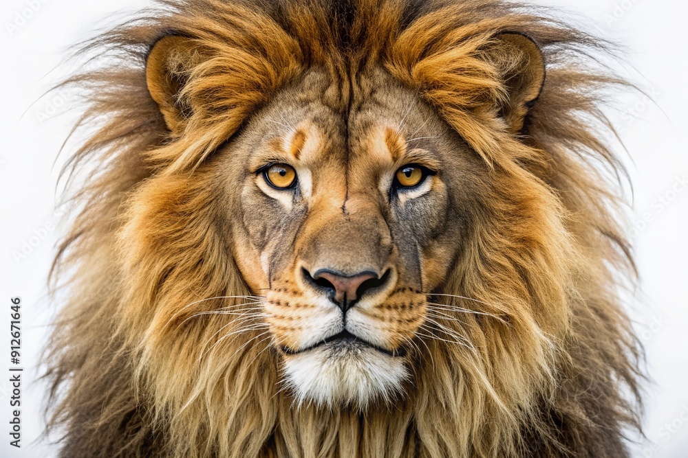 Naklejka premium Majestic lion face with a shaggy mane and piercing golden eyes gazes intensely into the camera against a clean isolated white background.
