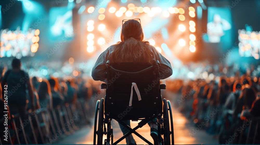 A person in a wheelchair attending a concert with a bright, illuminated stage in the background filled with audience members. A person in a wheelchair attending a concert with a bright, illuminated stage in the background filled with audience members.