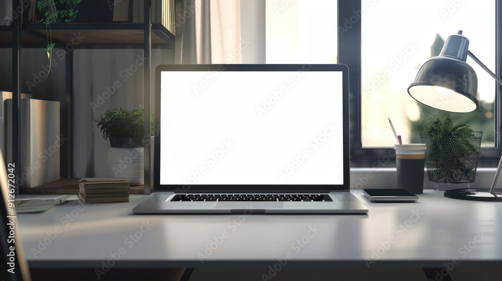 Workspace with a laptop computer on a desk, blank screen and clean layout, suitable for customization Workspace with a laptop computer on a desk, blank screen and clean layout, suitable for customization
